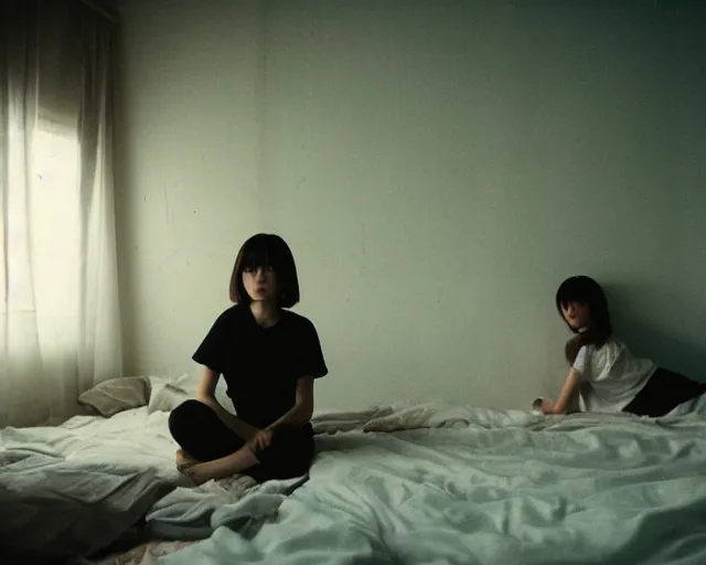 Image similar to a film still of lone anime girl in white tshirt is sitting on poor bed in pale colors room in dark russian flat, perfect faces, fine details, anime, cinestill