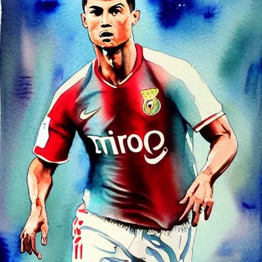 Prompt: highly detailed watercolor painting of Cristiano Ronaldo, trending on artstation,