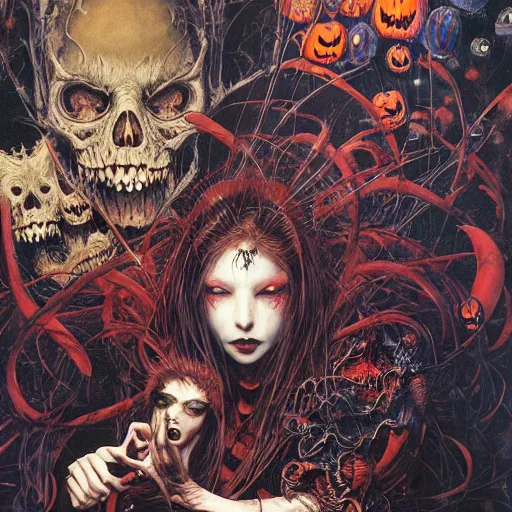 Prompt: realistic detailed image of Halloween Party by Ayami Kojima, Amano, Karol Bak, Greg Hildebrandt, and Mark Brooks, Neo-Gothic, gothic, rich deep colors. Beksinski painting, part by Adrian Ghenie and Gerhard Richter. art by Takato Yamamoto. masterpiece