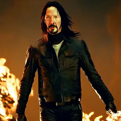 Image similar to keanu reeves as ghostrider 4 k detailed super realistic