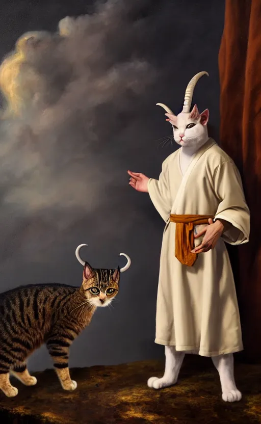 Image similar to a bipedal cat that has goat horns, anthropomorphic cat that is wearing robes, oil painting, by diego velazquez, dnd, character reveal, cosmic, magical, fog, noble, full body portrait, intricate, extremely detailed, cult, ritual, 4 k, 8 k