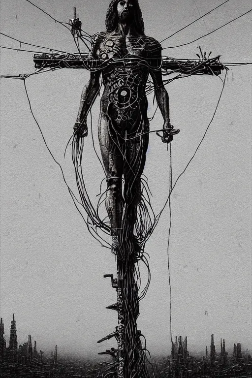 Image similar to full body shot of a cybernetic jesus on the cross, wires, cyberpunk art by beksinski and szukalski and giger and seb mckinnon and dan mumford and wlop and josan gonzalez, digital art, highly detailed, intricate, sharp focus, trending on artstation hq, deviantart, pinterest, unreal engine 5, 4 k uhd image