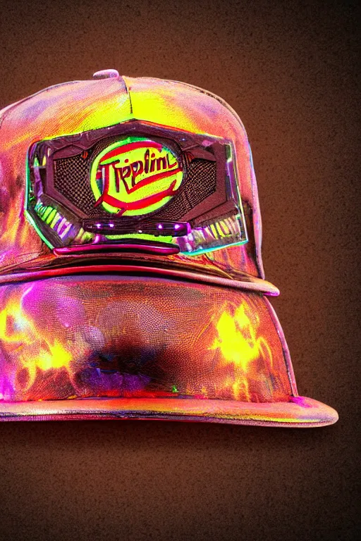 Image similar to photo of a baseball cap, band merchandise, bandname is tripmachine, tourname is invasion of the tripmachines, realistic digital art, printed with a 3 d render of a huge futuristic steampunk generator, 8 k, fluorescent colors, halluzinogenic, multicolored, exaggerated detailed, unreal engine