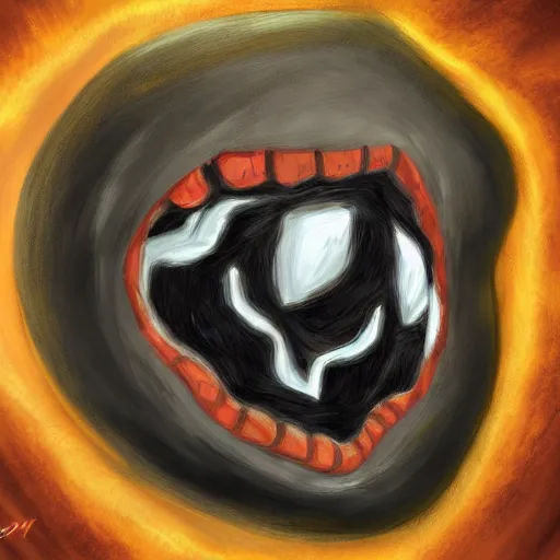Image similar to a mimic jumping out of it's disguise as a basketball inside of a cave gnarling it's teeth ready to attack, fantasy, digital painting