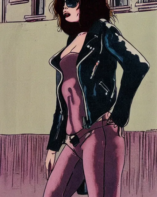 Image similar to young female protagonist in leather jacket, city street, artwork by ralph bakshi