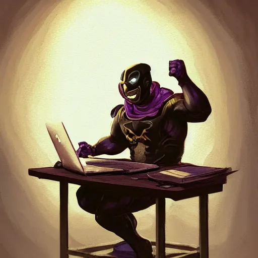 Image similar to a insanely detailed painting of a stocky masked asian man wearing a superhero costume sitting at a desk, staring at the nervously at the computer and typing, in the style of peter mohrbacher, dramatic lighting and composition, trending on artstation, concept art, comic book