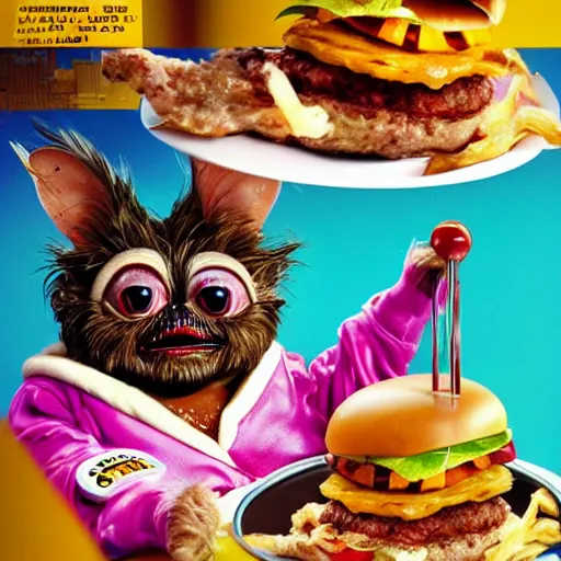 Image similar to Gizmo from Gremlins 1984 eating hamburgers with extra ketchup and mustard, pickles, onions, lettuce, Big Macs, intricate, epic lighting, cinematic composition, hyper realistic, 8k resolution, unreal engine 5, by Artgerm, tooth wu, dan mumford, beeple, wlop, rossdraws, James Jean, Andrei Riabovitchev, Marc Simonetti, yoshitaka Amano, Artstation