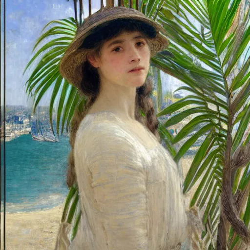 Image similar to a ultradetailed beautiful painting of a girl in the amazonas palace balustrade designed by jules bastien - lepage, hans belmer, frank weston and gustave baumann, beach, trending on artstation, mediterranean, palm trees, detailed face, sharp focus, soft light, 8 k 4 k