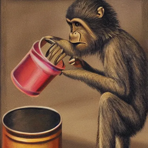 Image similar to an anthropormorphic tin can eating a monkey, painting