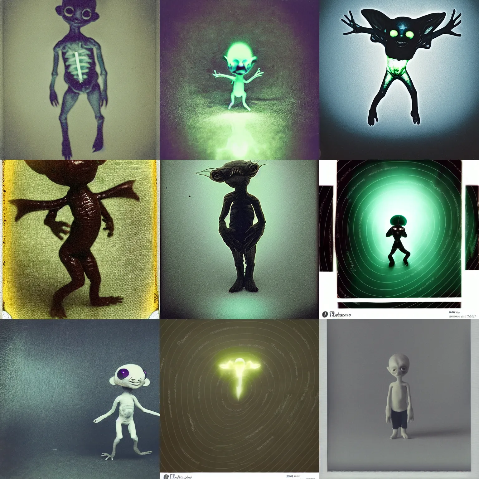 Prompt: cute glowing tiny guy creature, weird silly alien boy with big beady black eyes, prancing around in an empty room. spiritual eerie creepy picture, wiggly ethereal imp sprite, liminal space, studio lighting, polaroid, grainy photograph