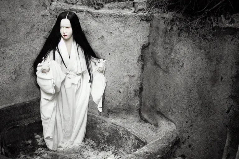 Image similar to vintage photo of a woman with long black hair wearing long white clothes crawling out of a well, eerie, japanese horror, highly detailed shot, dramatic 8 k uhd