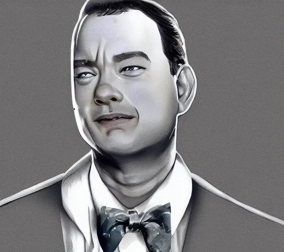 Image similar to Tom hanks as forrest gump wearing a shrimp necklac , realistic face, digtal art, amazing detail, artstation