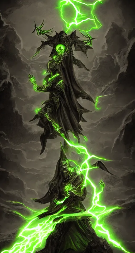 Image similar to illustration of dark priest holding green lightning, black halo, evil, power, green mist, scary, photorealistic, unreal engine, hellish background , Mtg , Dnd ,