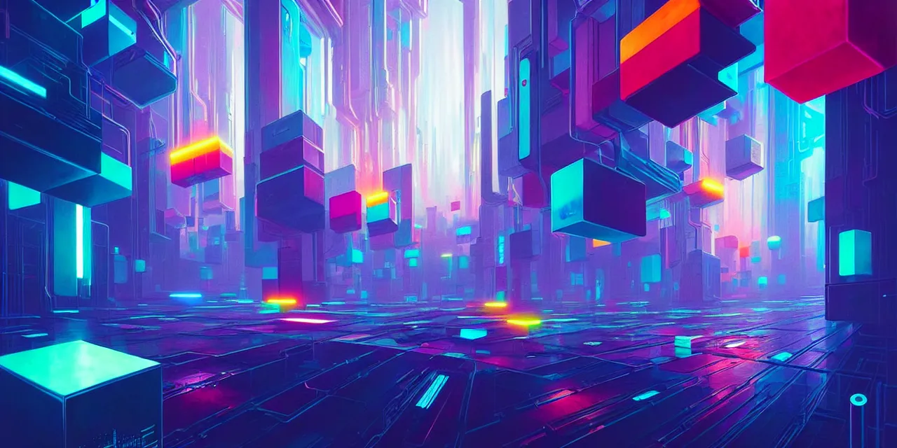 Image similar to a cyberpunk colorful cubes interconnected with glowing tubes, giant tubes connecting separate blocks, blockchain, symmetry, intricate, volumetric lighting, beautiful, rich deep colors masterpiece, sharp focus, ultra detailed, in the style of john harris