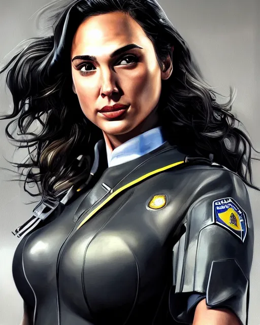 Image similar to hyper realistic painting of gal gadot in a police uniform, hyper detailed, anime, by clay mann, trending on artstation