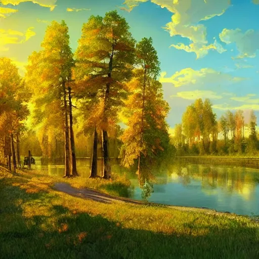 Image similar to a masterpiece detailed beautiful russian village, trees, birch, lake, golden hour, sunset, by Makoto Shinkai and Ivan Shishkin