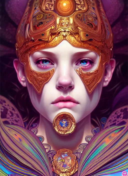 Image similar to overlord, psychedelic, portrait, highly detailed, deep focus, elegant, digital painting, smooth, sharp focus, illustration, ultra realistic, 8 k, art by artgerm and alphonse mucha