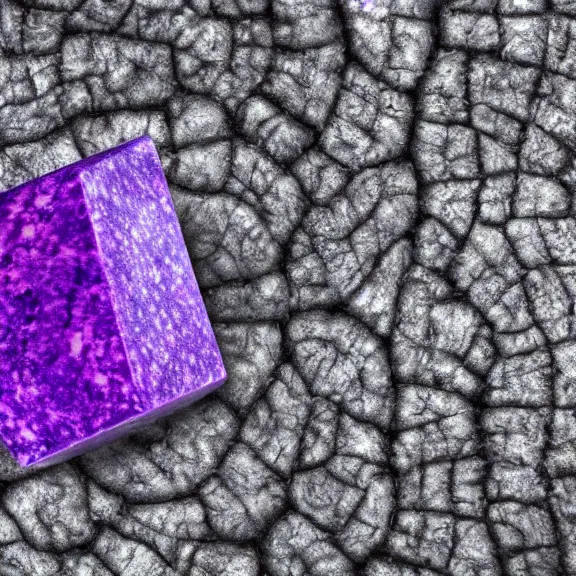 Image similar to a 4 k photorealistic photo close up of a purple stone cube, mysterious.