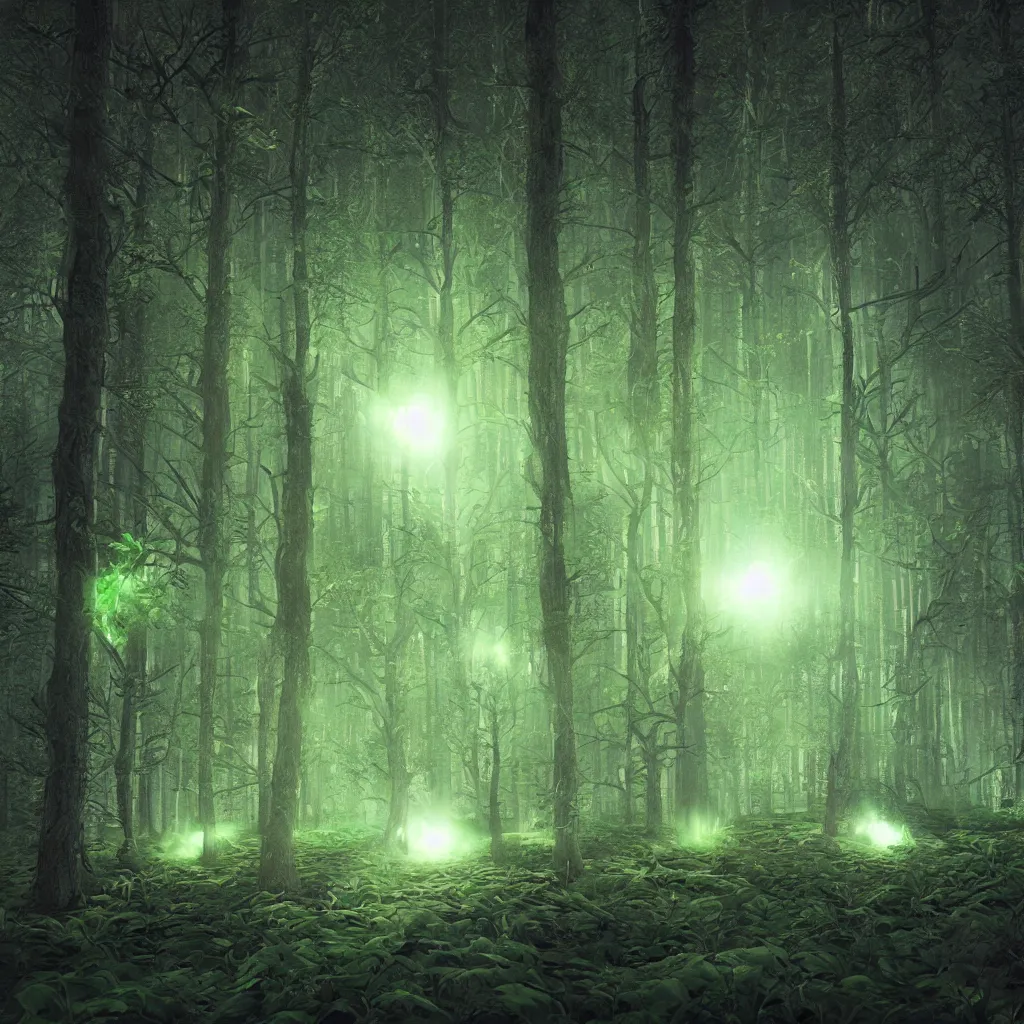 Prompt: rave green laser lights, at night in the cyber forest, reuben wu, jenni pasanen, epic composition, hd, octane, unreal engine, volumetric lighting, light rays, masterpiece, award - winning