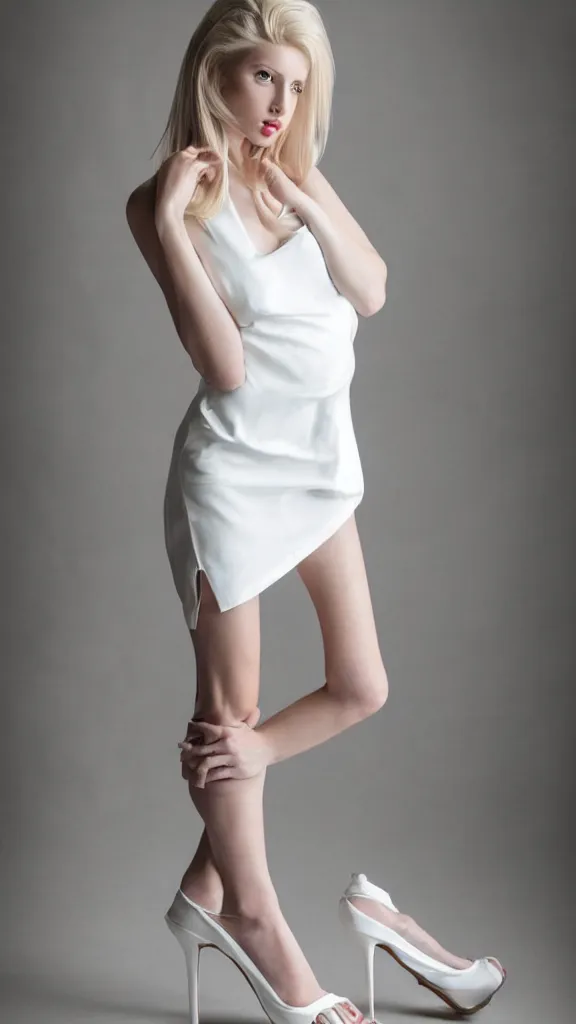 Prompt: extremely super beautiful studio photo of emily skinner, looking like annie leonhart, very beautiful slim legs, wearing sexy open toe high heels and white short dress, in a white room, pale skin, bokeh, very very very very beautiful!!, hard focus, sexy dominant pose, full body shot, 9 0 mm, f / 1. 2 5