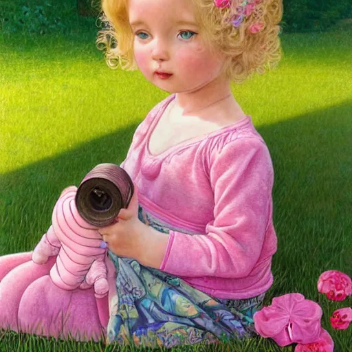 Image similar to a beautiful little blonde toddler girl with short curly hair at the park on a beautiful day in the shade, holding a round all-pink stuffed penguin, by Dan Mumford, Junji Murakami, Mucha Klimt, Hiroshi Yoshida and Craig Mullins, featured on Artstation, CGSociety, Behance HD, Deviantart