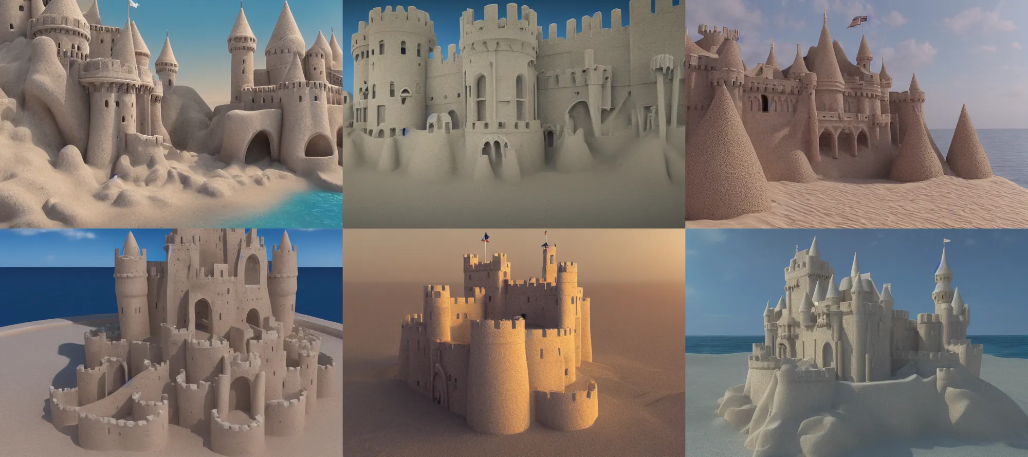 Prompt: rendering of castle made of sand washed into the sea, detailed, UHD, photorealistic, hyper realism, octane render, bokeh