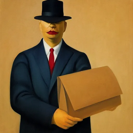 Image similar to a portrait painting of a detective with a paper bag over his head, the man is surrounded by clouds, Edward hopper, Rene Magritte, 4k,