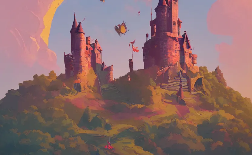 Image similar to old tiny magical castle school on a hill, students flying on brooms, james gilleard, moebius, print, game art