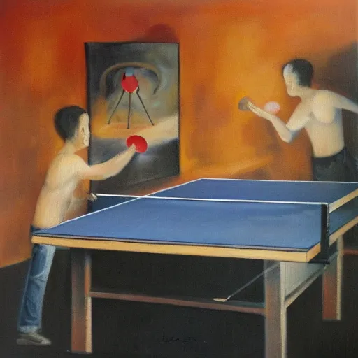 Prompt: dos muxos xugando al ping pong sobro fondu naranxa, oil painting