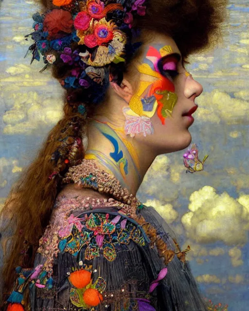 Image similar to a beautiful girl in the clouds wearing colourful face paint surrounded by colourful intricate patterns, by edgar maxence and caravaggio and michael whelan, intricate painting, hyper realistic, extremely detailed and beautiful aesthetic face, 8 k resolution