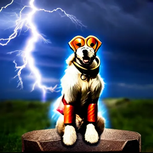 Image similar to a canine thor holding hammer with its paw, dramatic lightning background