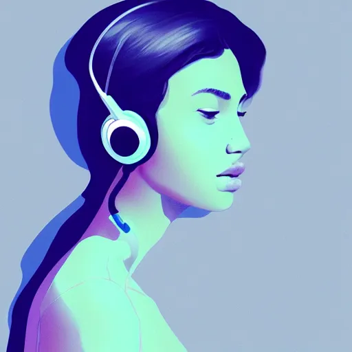 Prompt: an illustration of a beautiful woman listening to music with headphones by Quentin de Warren, highly detailed, digital art, trending on artstation