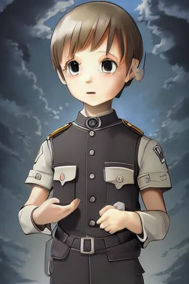 Image similar to beautiful little boy in nazi male uniform. made in abyss art style, sharps focus, cute detailed artwork, anatomically correct, ilya kuvshinov, reflection, perfect composition, wallpaper mobile, digital art, detailed anime soft face, symmetrical face, western comic, illustration, realistic, nazism, smooth, lois van baarle, soft details, illumination