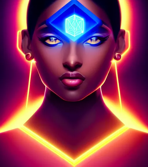 Image similar to symmetry!! egyptian princess of technology, solid cube of light, hard edges, product render retro - futuristic poster scifi, lasers and neon circuits, brown skin gorgeous egyptian princess, intricate, elegant, highly detailed, digital painting, artstation, concept art, smooth, sharp focus, illustration, dreamlike, art by artgerm