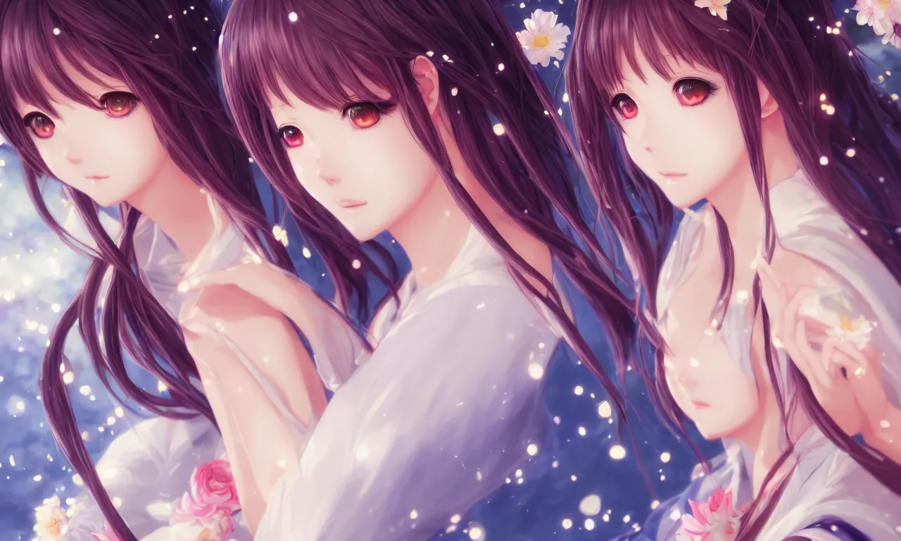 Image similar to portrait three beautiful anime girls wear coctail kimono closeup | | sunny night, full moon, dreamlike art, realistic shaded, smile, good looking, hyper details, 4 k realistic, cryengine, realistic shaded lighting poster by artgerm, ross tran, fuji choko, 8 k resolution, trending on artstation, luxury