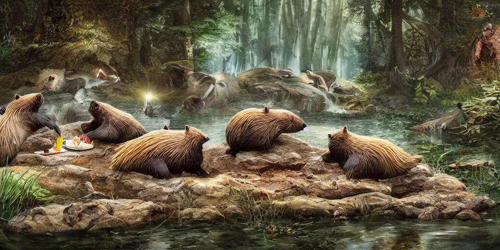 Prompt: Beavers having a picnic, watercolor, realistic 4k octane beautifully detailed render, 4k post-processing, highly detailed, intricate complexity, epic composition, magical atmosphere, cinematic lighting, masterpiece, ultra hd