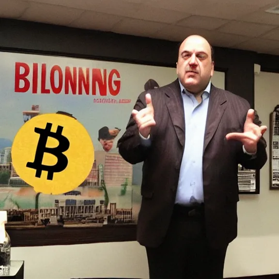 Image similar to Tony Soprano enthusiastically talking about Bitcoin at the Bada Bing