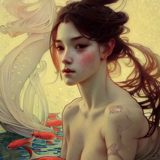 Image similar to Portrait of a girl surrounded by Koi fish, face, fantasy, intricate, elegant, highly detailed, digital painting, artstation, concept art, smooth, sharp focus, illustration, art by Krenz Cushart and Artem Demura and alphonse mucha