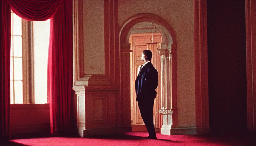 Prompt: 1 9 7 0 s movie still of a man in red drapery in neoclassical building with waterfall and collums, cinestill 8 0 0 t 3 5 mm, high quality, heavy grain, high detail, panoramic, ultra wide lens, cinematic light, dramatic light, flares anamorphic