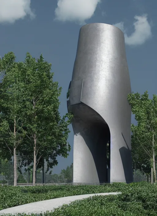 Image similar to highly detailed realistic architecture 3 d render of a futurisctic stele monument in the atomium brussels style standing near a highway, archdaily, made in unreal engine 4 octane render