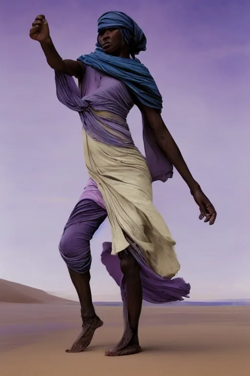 Prompt: full lenght flowing twisted clothes like tornado a old tuareg woman, many fabric, stones near foot, wind, stands on sand, full body shot, dark background, pastel purple colour scheme, highly detailed. by caravaggio, greg rutkowski