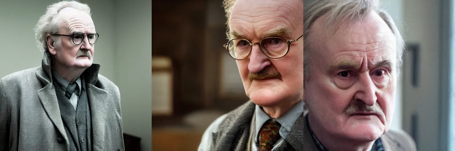 Prompt: close-up of Jim Broadbent as a detective in a movie directed by Christopher Nolan, movie still frame, promotional image, imax 70 mm footage