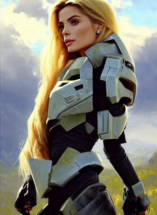 Image similar to portrait of a combination of Ashley Greene, Victoria Justice and Adriana Dxim, Grace Kelly and Lily Collins with blonde hair wearing Forerunner Armor from Halo, countryside, calm, fantasy character portrait, dynamic pose, above view, sunny day, thunder clouds in the sky, artwork by Jeremy Lipkin and Giuseppe Dangelico Pino and Michael Garmash and Rob Rey and Greg Manchess and Huang Guangjian, very coherent asymmetrical artwork, sharp edges, perfect face, simple form, 100mm