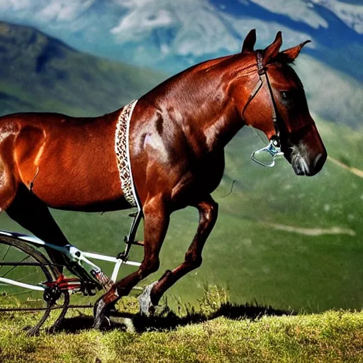 Prompt: horse on bicycle!, cycling!!, anthropomorphic!!, in the mountains, award winning photo,