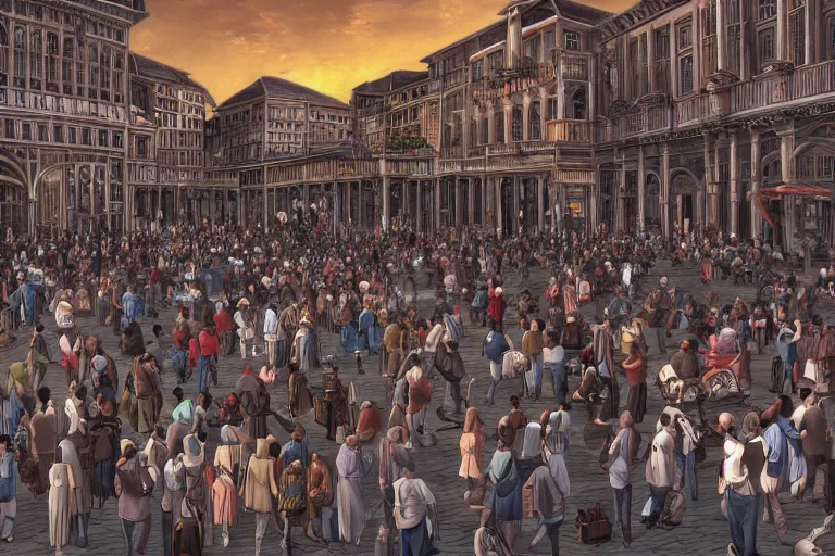 Prompt: cell shaded key visual of a renaissance city square, crowds of people, dramatic lighting