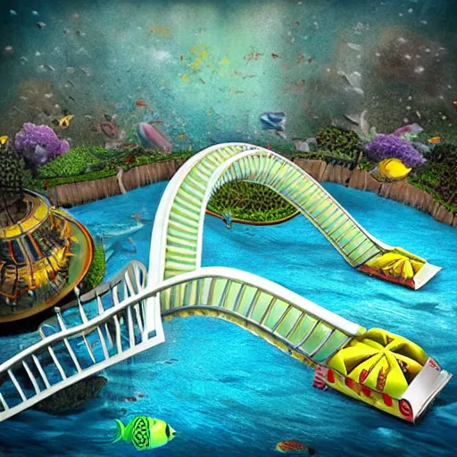 Image similar to underwater roller coaster, photorealistic, detailed