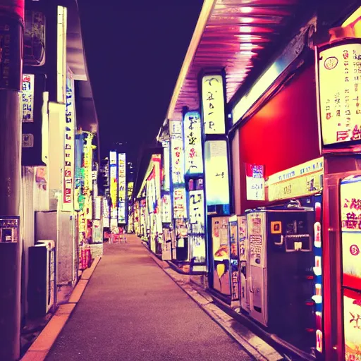 Image similar to a beautiful picture of japanese vending machines in a little tokyo street by night, trending on artstation