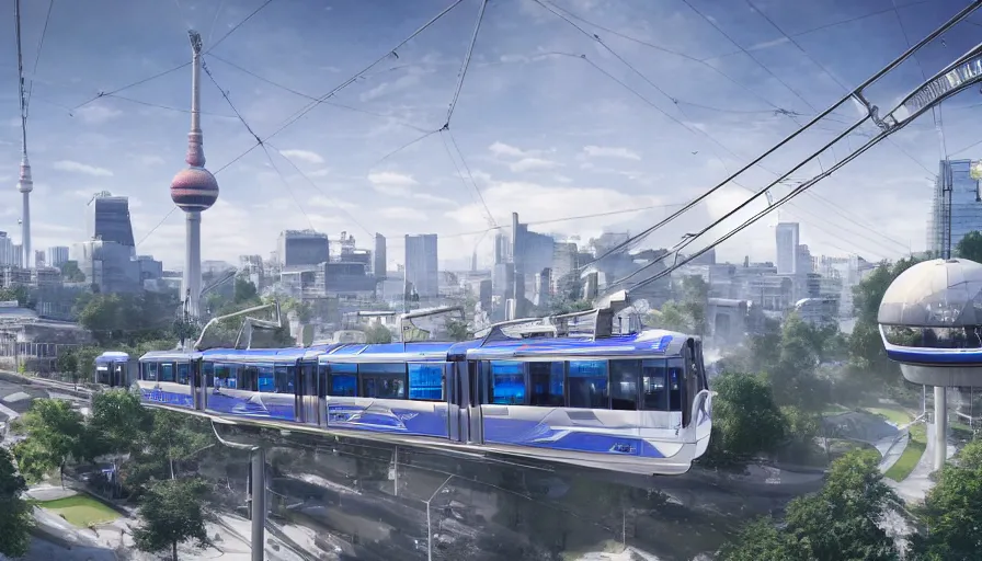 Prompt: futuristic white aerial tram in berlin with blue glass dome train station in the distance, hyperdetailed, artstation, cgsociety, 8 k