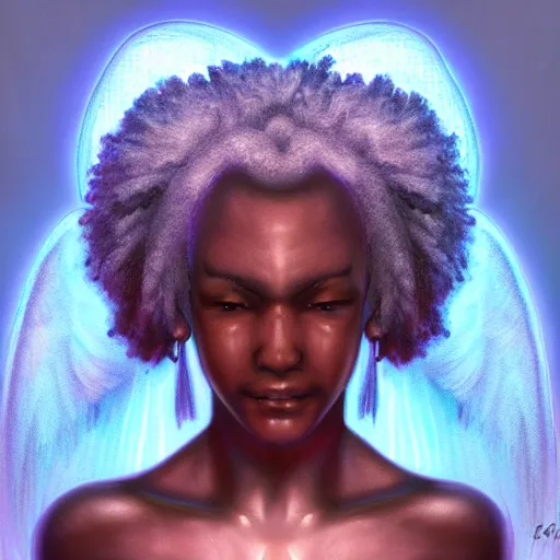 Image similar to Portrait of a Afro caribbean with angel wings, and a glowing halo, white lighting, digital art by Eiichiro Oda, highly detailed, trending on artstation, award winning,