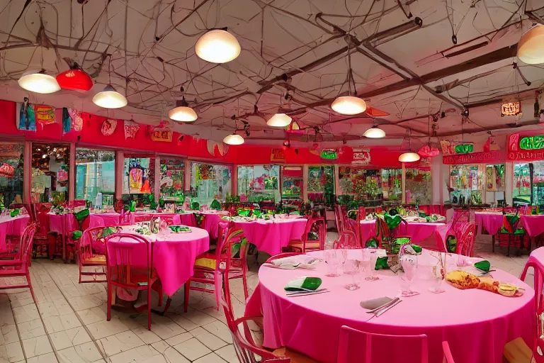 Image similar to 1 9 9 2 watermelon themed diner, tables repeat endlessly into the horizon, fruitcore, watermeloncore, one point perspective, americana, restaurant interior photography, 5 5 mm